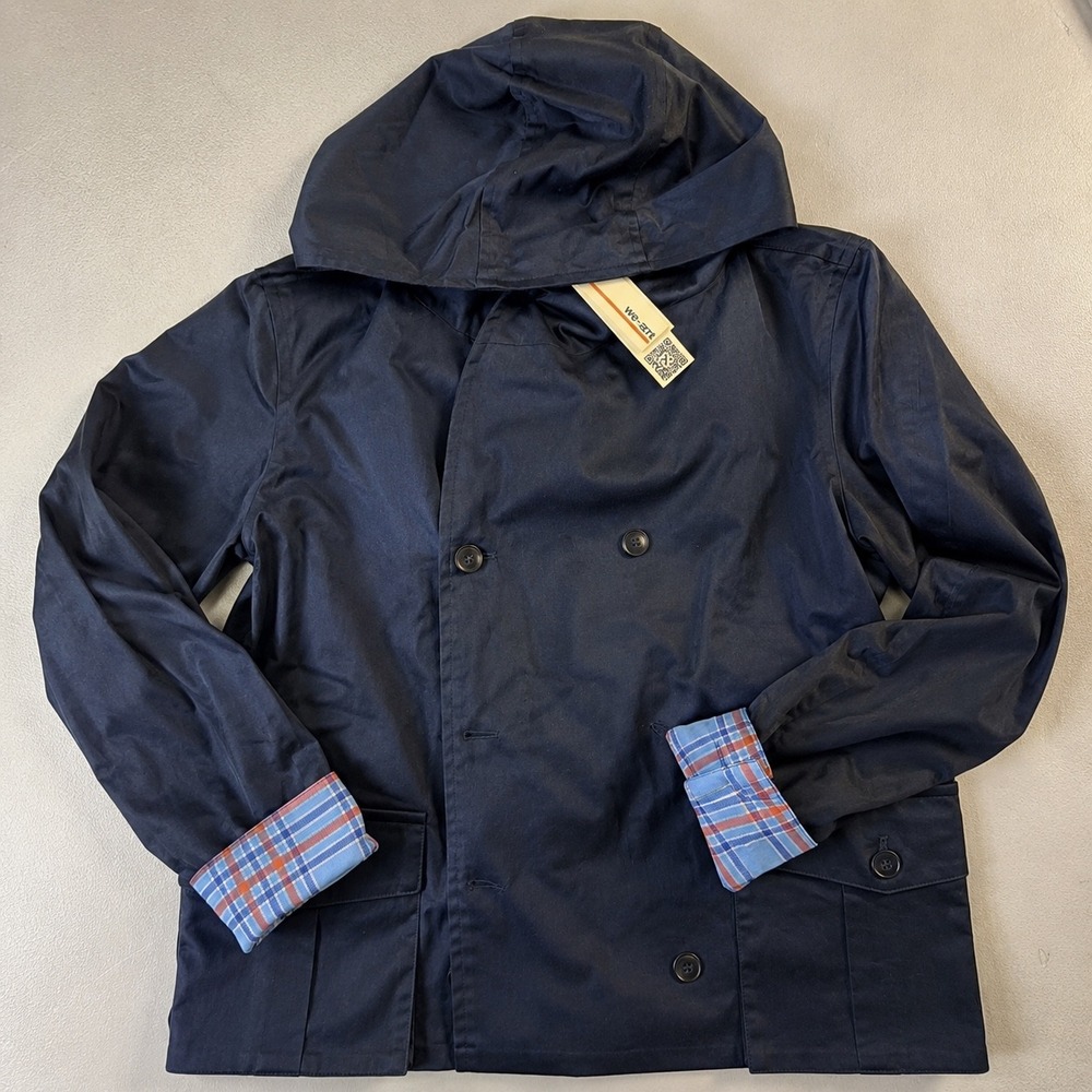 NWT WE-AR4 Women Hooded Jacket Navy Plaid Cuff Minimalist Designer Coat Size XS